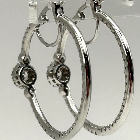 Cubic Zirconia Hoop Earrings Halo Center Sparkling Pave Crystals 1.25” - Picture 7 of 10